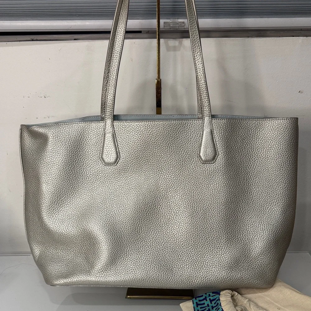 Tory Burch Metallic Silver Leather Tote – Includes Dust Bag